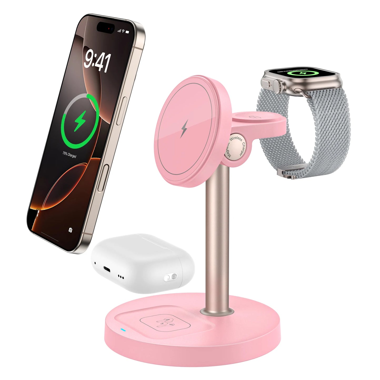 15W Fast Wireless Charger Stand – 3-in-1 Magnetic Charging Station