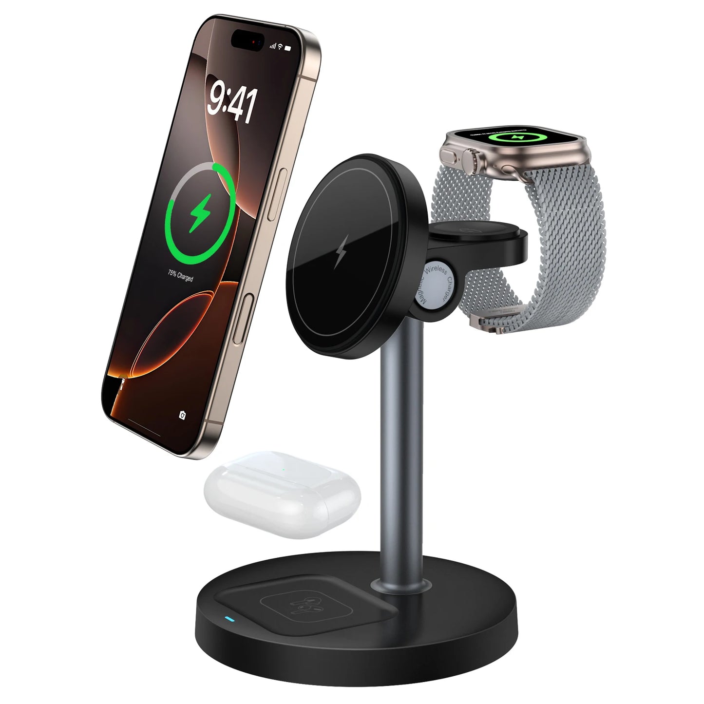 15W Fast Wireless Charger Stand – 3-in-1 Magnetic Charging Station