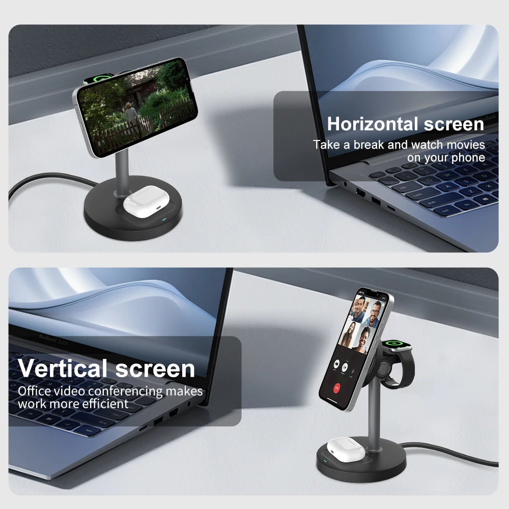 15W Fast Wireless Charger Stand – 3-in-1 Magnetic Charging Station