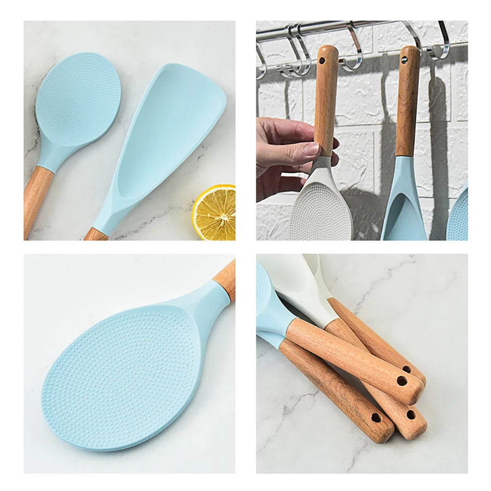 Premium Silicone Kitchen Turner & Spoon with Wooden Handle