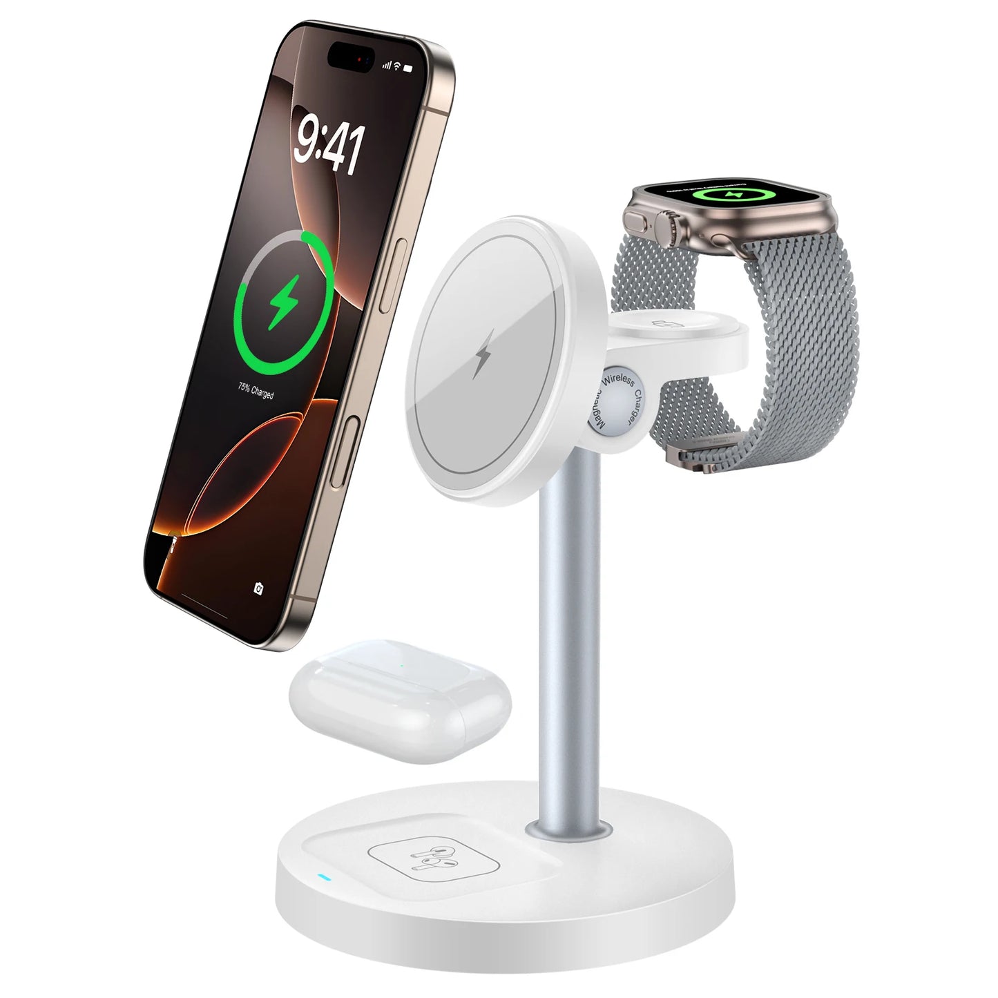 15W Fast Wireless Charger Stand – 3-in-1 Magnetic Charging Station