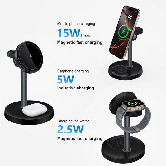 15W Fast Wireless Charger Stand – 3-in-1 Magnetic Charging Station