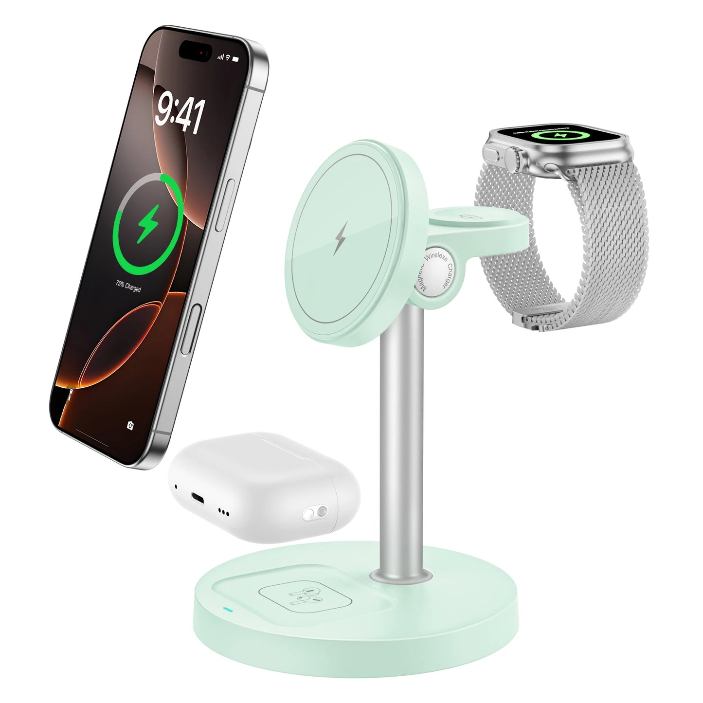 15W Fast Wireless Charger Stand – 3-in-1 Magnetic Charging Station