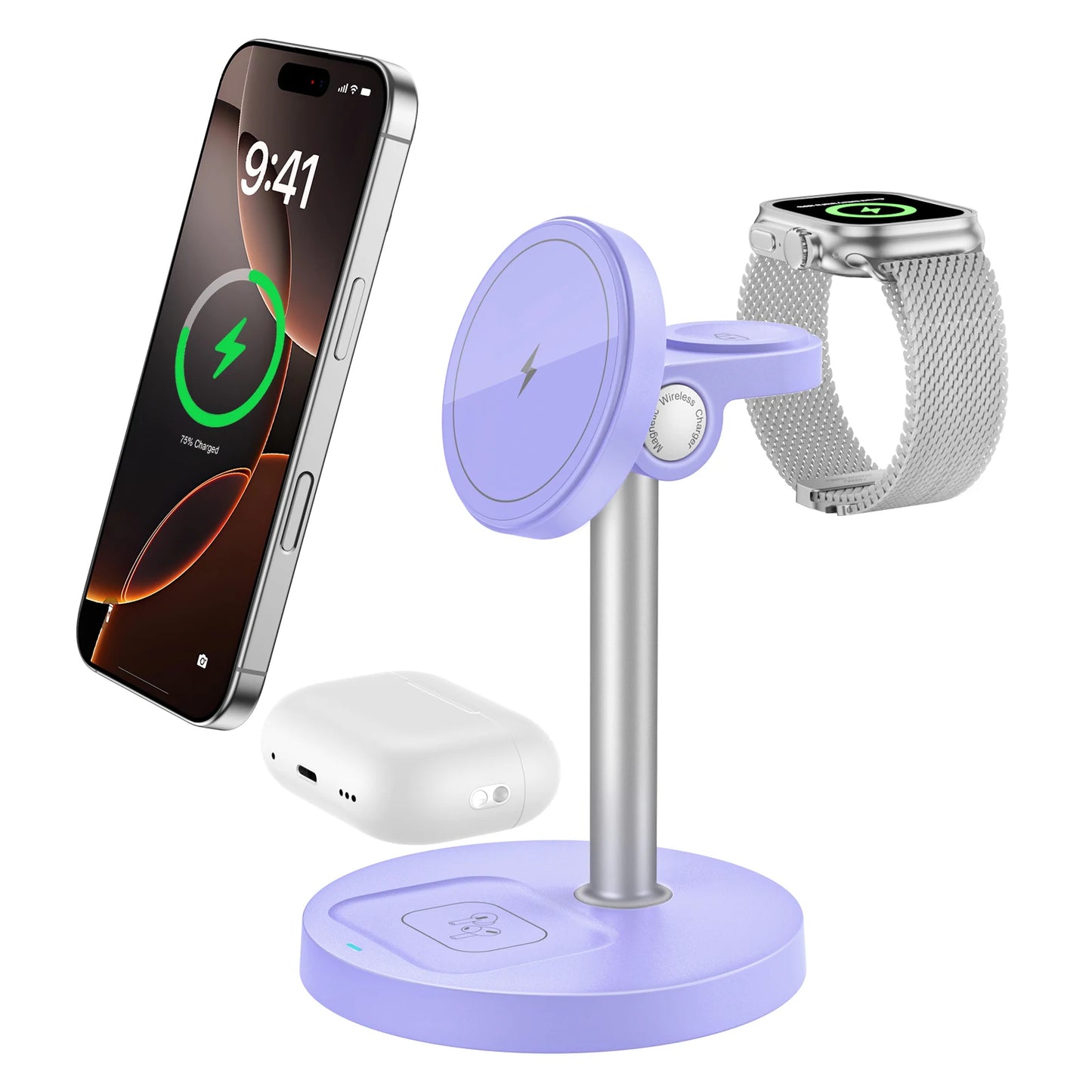 15W Fast Wireless Charger Stand – 3-in-1 Magnetic Charging Station