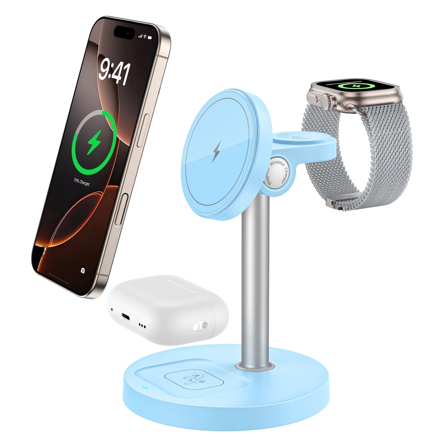 15W Fast Wireless Charger Stand – 3-in-1 Magnetic Charging Station